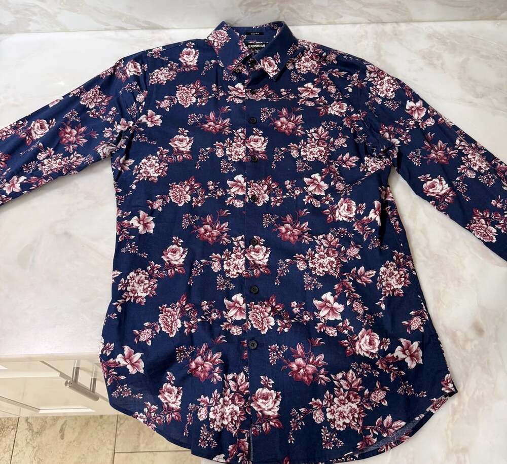 Express Extra Slim Fit Navy Blue Floral Print Long Sleeve Button Down Shirt